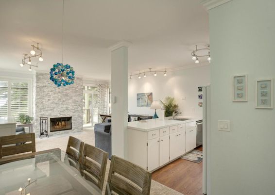 Fireplace, Interior, Kitchen, Living room, Pendant Lights, Stone Walls, Wood Texture Flooring