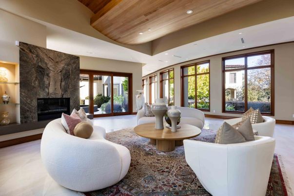 Fireplace, Interior, Living room, Recessed Lighting, Wooden Ceilings