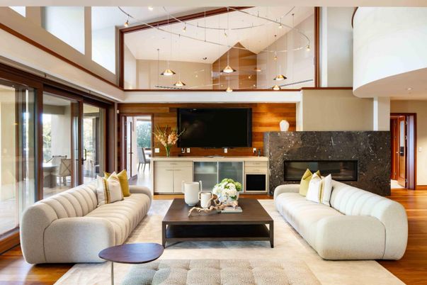 Fireplace, Interior, Living room, Pendant Lights, Recessed Lighting, Wood Texture Flooring