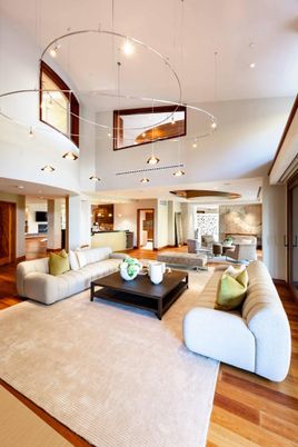 Interior, Living room, Pendant Lights, Recessed Lighting, Wood Texture Flooring