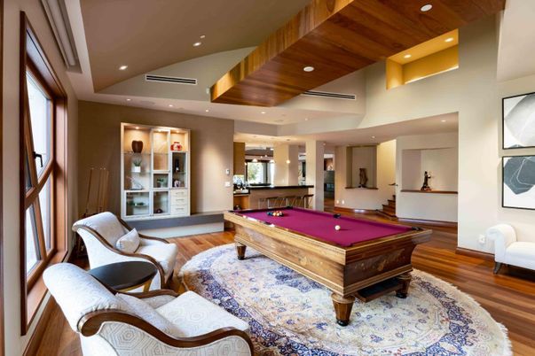 Billiard Table, Game Room, Interior, Recessed Lighting, Wooden Ceilings, Wood Texture Flooring