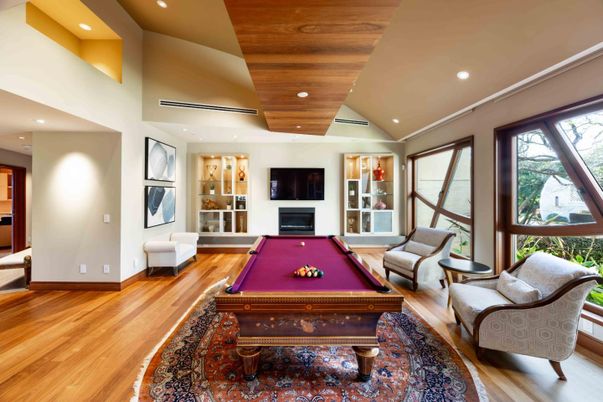 Billiard Table, Fireplace, Game Room, Interior, Recessed Lighting, Wooden Ceilings, Wood Texture Flooring