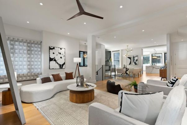 Dining room, Interior, Living room, Pendant Lights, Recessed Lighting, Wood Texture Flooring
