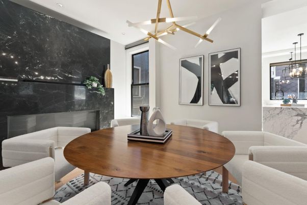 Dining room, Fireplace, Interior, Pendant Lights