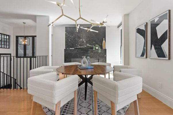 Dining room, Interior, Pendant Lights, Wood Texture Flooring