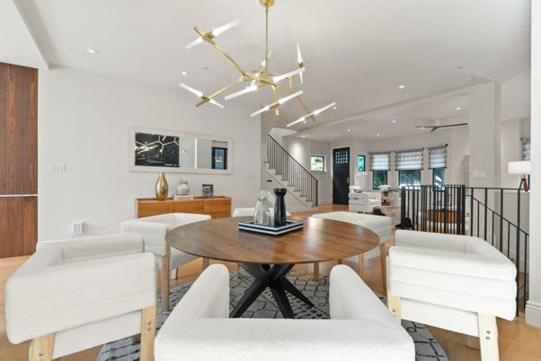Dining room, Interior, Kitchen, Pendant Lights, Recessed Lighting, Wood Texture Flooring