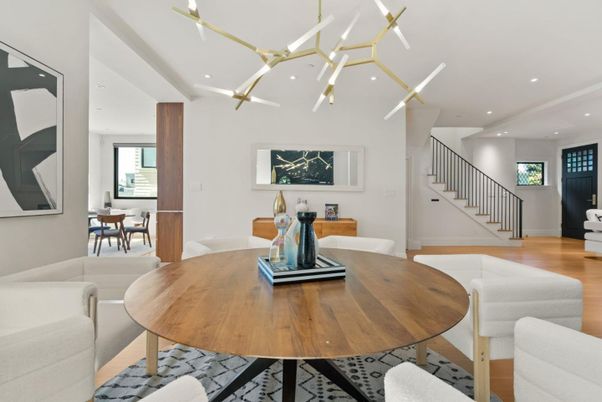 Dining room, Interior, Pendant Lights, Recessed Lighting, Wood Texture Flooring