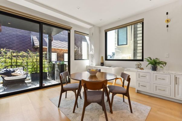Dining room, Interior, Recessed Lighting, Wood Texture Flooring