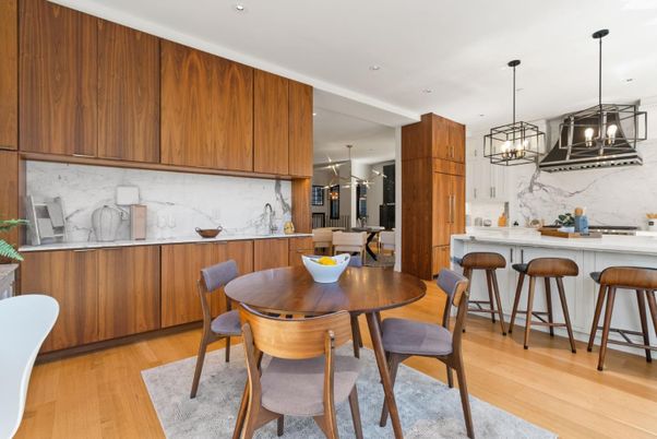 Dining room, Interior, Kitchen, Marble Walls, Pendant Lights, Recessed Lighting, Wood Texture Flooring