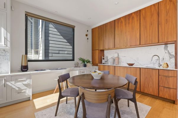 Dining room, Interior, Recessed Lighting, Wood Texture Flooring