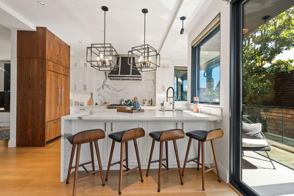 Interior, Kitchen, Marble Walls, Pendant Lights, Recessed Lighting, Stainless Steel Appliances, Wood Texture Flooring