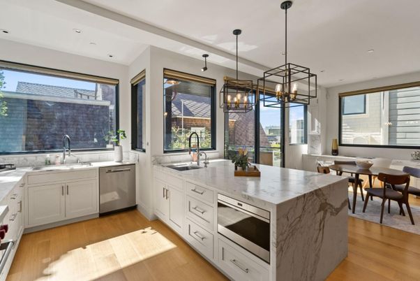 Dining room, Interior, Kitchen, Pendant Lights, Recessed Lighting, Stainless Steel Appliances, Wood Texture Flooring