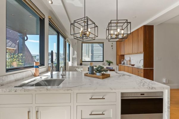 Interior, Kitchen, Pendant Lights, Recessed Lighting, Wood Texture Flooring