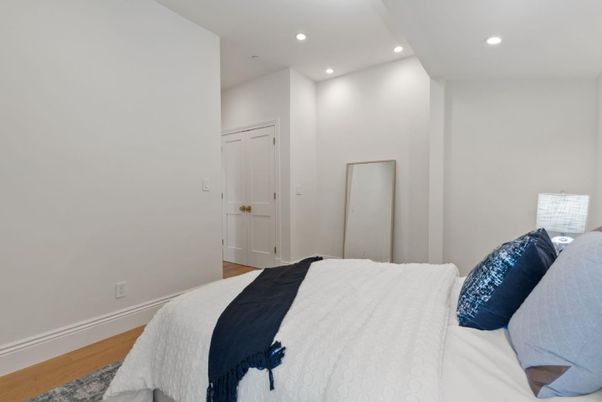 Bedroom, Interior, Recessed Lighting, Wood Texture Flooring