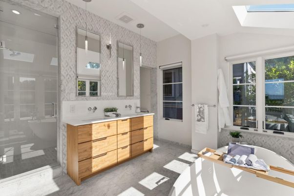 Bathroom, Dual Sink Vanities, Free Standing Baths, Glass Shower, Interior, Pendant Lights, Recessed Lighting