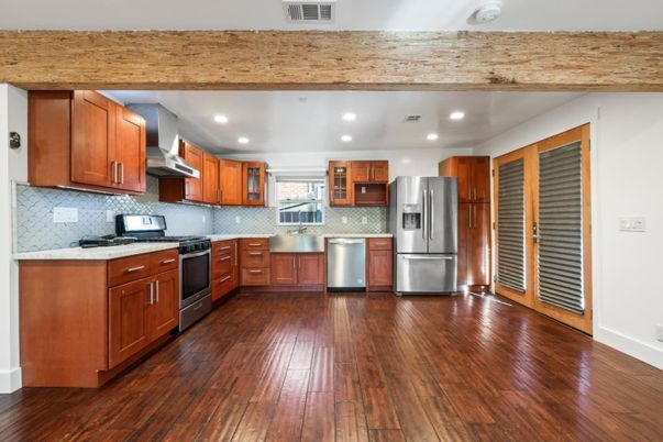 Interior, Kitchen, Recessed Lighting, Stainless Steel Appliances, Wood Texture Flooring