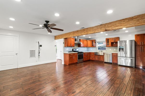 Interior, Kitchen, Recessed Lighting, Stainless Steel Appliances, Wood Texture Flooring