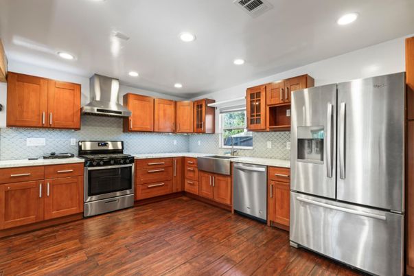 Interior, Kitchen, Recessed Lighting, Stainless Steel Appliances, Wood Texture Flooring