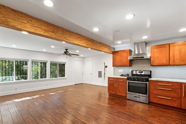 Interior, Kitchen, Recessed Lighting, Stainless Steel Appliances, Wooden Beams, Wood Texture Flooring