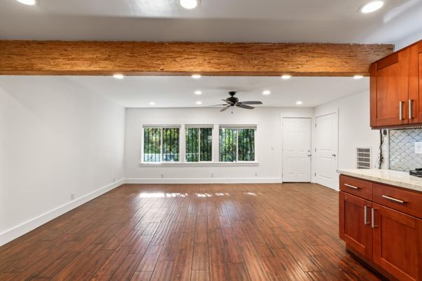 Empty room, Interior, Kitchen, Recessed Lighting, Wood Texture Flooring