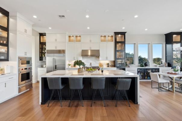 Dining room, Interior, Kitchen, Recessed Lighting, Stainless Steel Appliances, Wood Texture Flooring