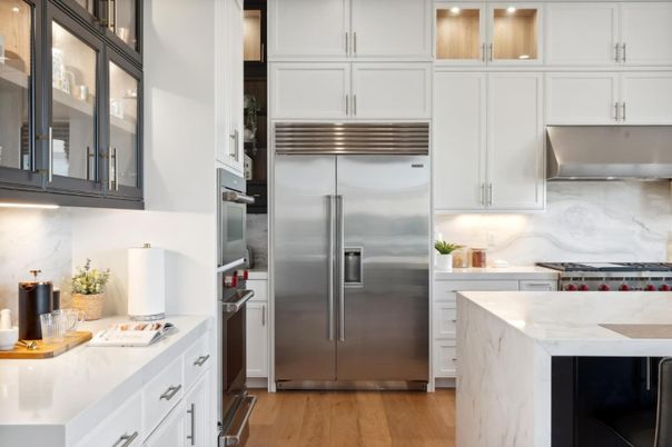Interior, Kitchen, Marble Walls, Stainless Steel Appliances, Wood Texture Flooring