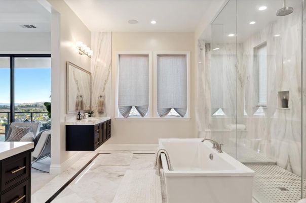 Bathroom, Glass Shower, Interior, Marble, Recessed Lighting