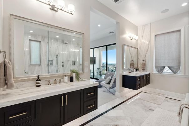 Bathroom, Dual Sink Vanities, Glass Shower, Interior, Marble, Marble Walls, Recessed Lighting