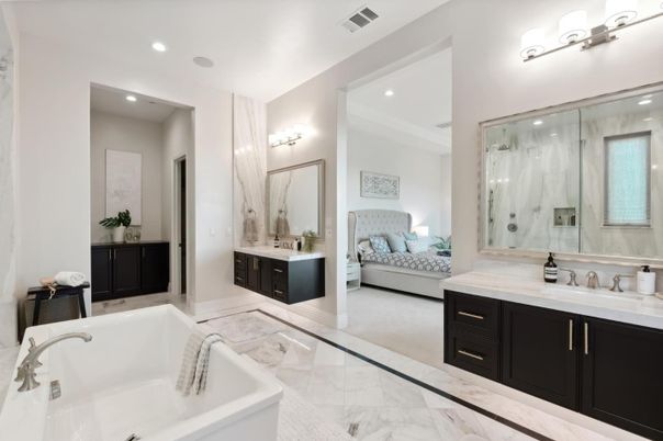 Bathroom, Bedroom, Dual Sink Vanities, Glass Shower, Interior, Marble, Marble Walls, Recessed Lighting