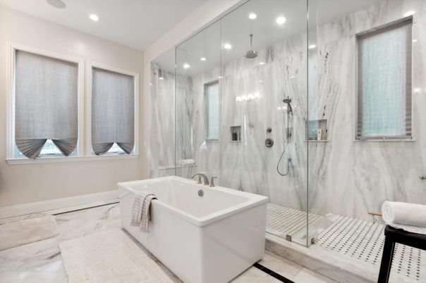 Bathroom, Free Standing Baths, Glass Shower, Interior, Marble, Marble Walls, Recessed Lighting