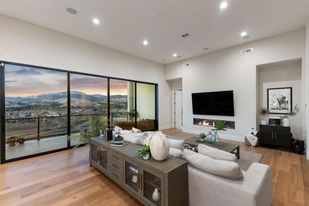 Fireplace, Interior, Living room, Recessed Lighting, Wood Texture Flooring