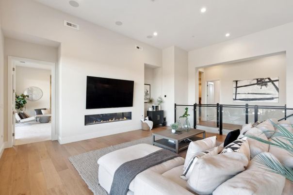 Fireplace, Interior, Living room, Recessed Lighting, Wood Texture Flooring
