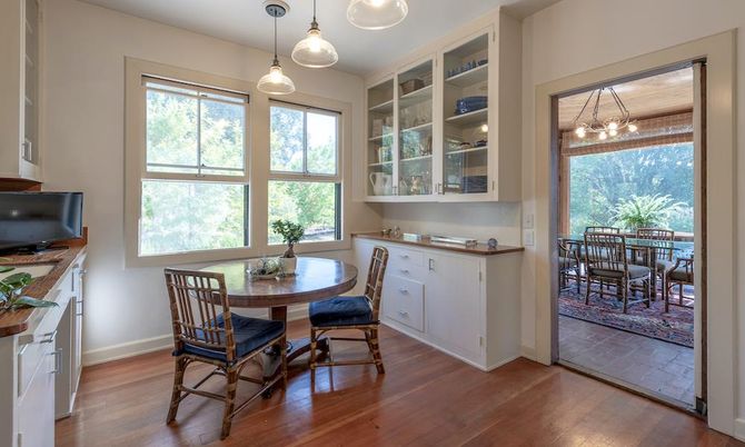 Dining room, Interior, Pendant Lights, Wood Texture Flooring