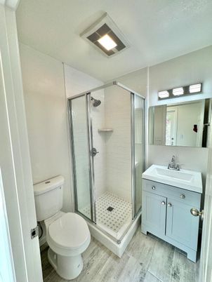 Bathroom, Glass Shower, Interior, Wood Texture Flooring