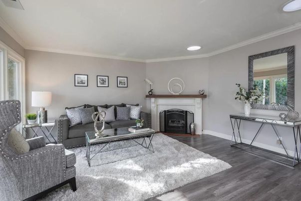 Fireplace, Interior, Living room, Recessed Lighting, Wood Texture Flooring