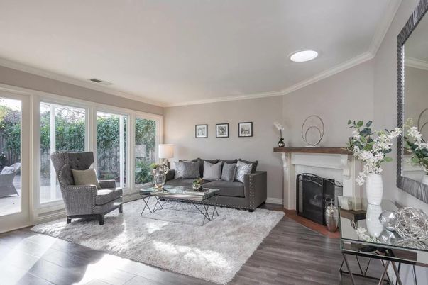 Fireplace, Interior, Living room, Recessed Lighting, Wood Texture Flooring