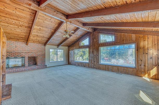 Empty room, Fireplace, Interior, Stone Walls, Wooden Beams, Wooden Ceilings, Wooden Walls