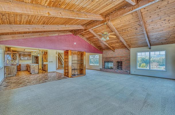Empty room, Fireplace, Interior, Stone Walls, Wooden Beams, Wooden Ceilings