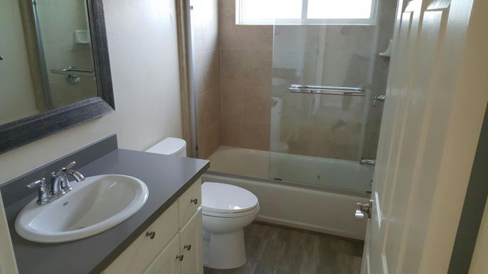 Bathroom, Glass Shower, Interior, Wood Texture Flooring