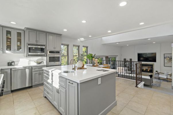 Fireplace, Interior, Kitchen, Recessed Lighting, Stainless Steel Appliances
