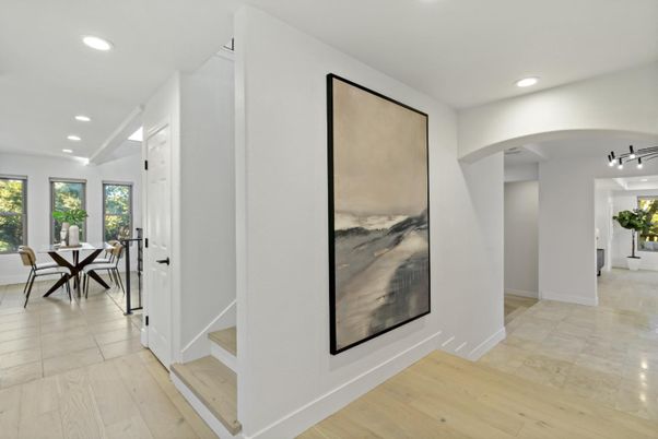 Dining room, Interior, Recessed Lighting, Wood Texture Flooring
