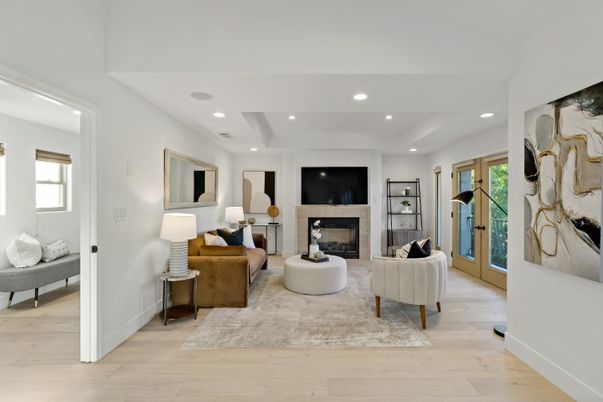 Fireplace, Interior, Living room, Recessed Lighting, Wood Texture Flooring