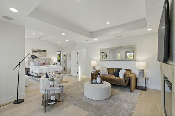 Bedroom, Fireplace, Interior, Living room, Recessed Lighting, Wood Texture Flooring