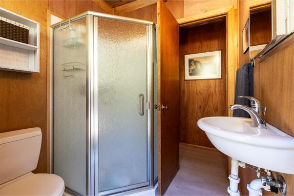 Bathroom, Glass Shower, Interior, Wood Texture Flooring, Wooden Walls