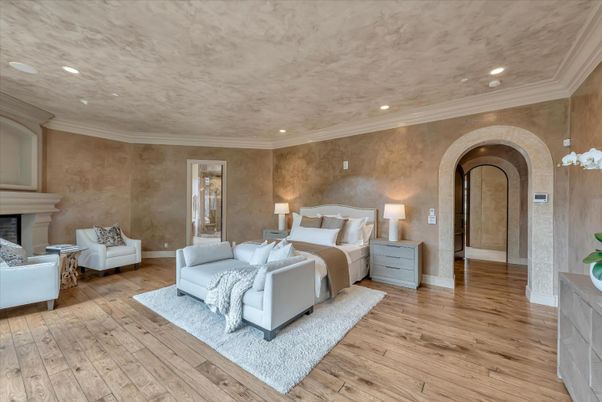 Bedroom, Fireplace, Interior, Living room, Recessed Lighting, Wood Texture Flooring