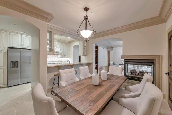 Dining room, Fireplace, Interior, Kitchen, Pendant Lights, Stainless Steel Appliances