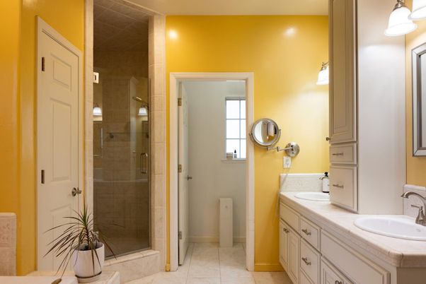 Bathroom, Dual Sink Vanities, Glass Shower, Interior, Recessed Lighting, Tile Countertops