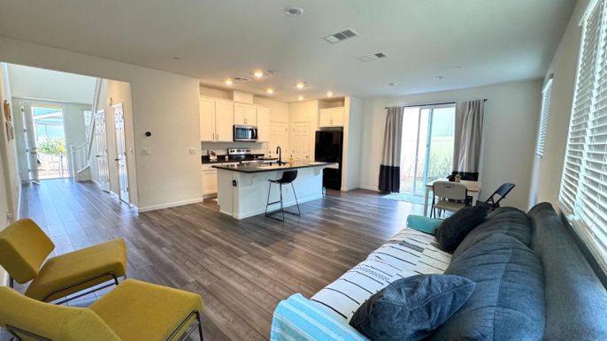 Interior, Kitchen, Living room, Recessed Lighting, Stainless Steel Appliances, Wood Texture Flooring