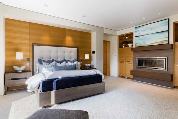 Bedroom, Fireplace, Interior, Recessed Lighting, Wooden Walls
