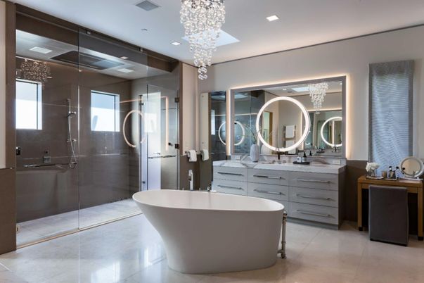 Bathroom, Dual Sink Vanities, Free Standing Baths, Glass Shower, Interior, Pendant Lights, Recessed Lighting